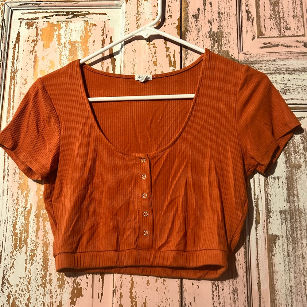 Garage Burnt Orange Women’s Short Sleeve Crop Top with faux button-up front